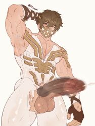 1boy abs absurdres aknox_m arm_behind_head armpits artist_name bara biceps bodysuit brown_eyes brown_hair covered_nipples cum disembodied_hand eikthyrnir_(fire_emblem) ejaculation erection fingerless_gloves fire fire_emblem fire_emblem_heroes gauntlets gloves highres huge_cock large_pectorals male_focus manly mask masked masturbation mature_male mouth_mask muscular muscular_male one_eye_closed pectorals penis precum short_hair signature simple_background smell solo spiked_hair sweat sweatdrop testicles thick_arms thick_eyebrows thick_thighs thighs torn_clothes twitter_username veins wet wet_clothes