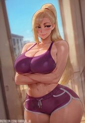 1girls abs ai_generated amiral_ai big_breasts blonde_female blonde_hair blue_eyes blush breasts crossed_arms dolphin_shorts fit_female hips ino_yamanaka light-skinned_female long_hair looking_at_viewer makeup naruto naruto_(series) naruto_shippuden pink_lips ponytail purple_shirt purple_shorts shiny_skin short_shorts tank_top thick_thighs thighs wide_hips