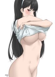 1girls absurdres artist_name black_hair blush bottomless breasts byeon_dha clothes_lift commentary covered_mouth cowboy_shot crossed_arms from_side hairband highres large_breasts long_hair looking_at_viewer looking_to_the_side naked_shirt navel no_bra red_eyes shirt shirt_lift simple_background solo spy_x_family stomach straight_hair t-shirt underboob undressing white_background white_hairband white_shirt yor_briar yor_forger