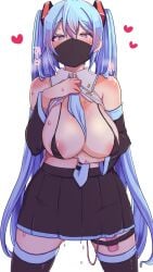 areola_slip between_breasts black_bra black_skirt black_sleeves black_thighhighs blue_eyes blue_hair blue_necktie blush bra breasts collared_shirt commentary_request covered_nipples cowboy_shot detached_sleeves female grey_shirt hair_between_eyes hair_ornament hatsune_miku heart heart-shaped_pupils highres kusoyuridanchi large_breasts long_bangs long_hair long_sleeves looking_at_viewer mask micro_bra miniskirt mouth_mask necktie necktie_between_breasts open_clothes open_shirt pleated_skirt pubic_hair shirt simple_background skirt sleeveless sleeveless_shirt solo symbol-shaped_pupils thighhighs twintails underwear very_long_hair vibrator_in_thigh_strap vocaloid white_background