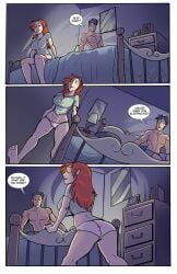 1boy 1girls abs bed bent_over_bed boxers comic dialogue female grey_hair jaeh male muscular_male nightmare_on_elm_street page_4 panties red_hair sleep_walking sleepwalking tagme