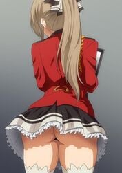 1girls amagi_brilliant_park ass brown_hair butt_crack female_only hera_(hara0742) sento_isuzu skirt socks solo solo_female upskirt