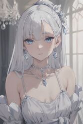 1girls ai_generated anime_nose blue_eyes dress elegant female female_only fully_clothed grey_hair human jewelry looking_at_viewer no_visible_genitalia princess sagging_breasts small_breasts solo stable_diffusion waist_up white_hair