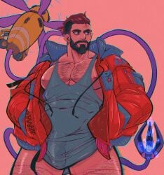 agent_p-3 atomic_heart bara beard bulge clothing daddy male male_nipples male_only manly mature_male muscular_male nipples penis_outline vapedrone