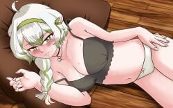 1girls absurd_res ahoge animal_ears big_breasts black_bra blush blushing bra bra_strap_down braid braided_hair breasts cleavage female female_only ferret_girl floor fubuki_tv green_eyes green_highlights green_nails hair_ornament hairband indie_virtual_youtuber laimu large_breasts laying_down lime looking_at_viewer lying_down lying_on_floor lying_on_pillow lying_on_side necklace off_shoulder painted_nails panties partially_clothed pink_nails smiling solo sweat sweatdrop sweating thighs twitch underwear virtual_youtuber vtuber white_hair white_panties wooden_floor
