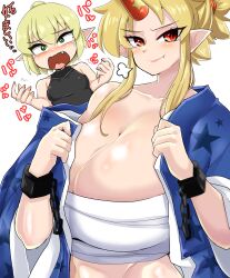 2d 2girls alternate_breast_size armbands background_character bandaged_chest bare_shoulders belly_button big_breasts blonde_hair blush bodysuit breast_envy breasts breasts_bigger_than_head cleavage coat duo fangs female female_only green_eyes horn hoshiguma_yuugi huge_breasts japanese_text jealous large_breasts looking_at_viewer mizuhashi_parsee nails norori oni oni_horn open_mouth pointy_ears red_eyes sharp_nails shiny_skin short_hair small_breasts smile smug source tears tied_hair touhou white_background