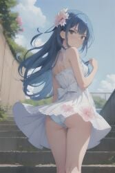 ai_generated angry annoyed bare_legs blue_hair cute female flower flower_in_hair gust looking_at_viewer panties solo stable_diffusion sundress upskirt wind