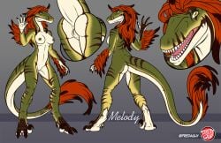 anthro ass bared_fangs bared_teeth barefoot breasts countershade_butt countershade_face countershade_feet countershade_legs countershade_neck countershade_tail countershade_torso countershading dinosaur dromaeosaurid feather_hair feathered_dinosaur feathered_scalie feathered_wings feathers feet female front_view gesture green_body hair hi_res looking_at_viewer markings melody_(user_55) model_sheet non-mammal_breasts nude open_mouth open_smile portrait predaguy prehistoric_species pseudo_hair rear_view red_hair reptile scalie smile solo striped_markings stripes tail tail_feathers theropod toned_female velociraptor waving wings yellow_eyes