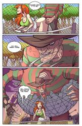 1boy 1girls bent_over cleavage comic dialogue dream_sex female freddy_krueger jaeh male nightmare_on_elm_street page_7 pitching_machine red_hair skirt skirt_up tagme tank_top tennis_court tennis_net transformation