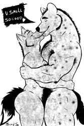 anthro armpit_hair body_hair canid canine canis duo english_text frottage hi_res hug hyena imminent_kiss larger_male male male/male mammal musclegut muscolar muscular muscular_arms muscular_male musk nude penile pubes romantic romantic_couple sex simusart size_difference smaller_male speech_bubble text wolf