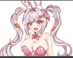 1girls alice_(nikke) alice_(wonderland_bunny)_(nikke) blush breasts bunny_ears bunnysuit cleavage female_only goddess_of_victory:_nikke open_mouth pink_eyes twintails upper_body upper_teeth white_background white_hair