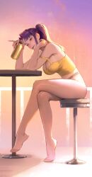 1girl 1girls bar_stool barefoot beer beer_can big_ass big_breasts breast_squeeze breasts casual cleavage clothing drunk feet female female_only half_clothed holding_object leaning_on_table limart looking_at_viewer misato_katsuragi neon_genesis_evangelion no_pants no_shoes painting_(artwork) purple_eyes purple_hair sitting solo stockings strap_slip table tank_top thick_thighs thighhighs