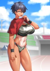 breasts female hitch_(hitch_driessen/perotoss400/kirochef) large_breasts rokmc_chan shirt shirt_lift short_hair sweat sweatdrop sweating sweaty sweaty_body tan tan_body tan_skin tanline tomboy