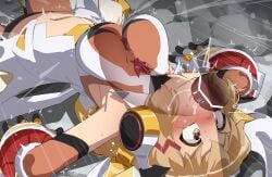 1boy absurdres bar_censor blonde_hair blush breasts censored deepthroat erection fellatio female highres large_breasts lying mizumizuni navel on_back oral penis senki_zesshou_symphogear solo_focus straight sweat tachibana_hibiki_(symphogear) throat_bulge veins veiny_penis yellow_eyes