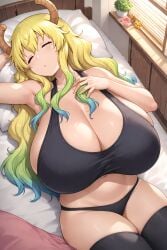 ai_generated bare_legs blonde_hair closed_eyes dragon_girl dragon_horns evodubeai gigantic_breasts horn horns huge_breasts kobayashi-san_chi_no_maidragon light-skinned_female light_skin long_hair massive_breasts mature_female miss_kobayashi's_dragon_maid multicolored_hair panties quetzalcoatl_(dragon_maid) sleeping tank_top thick_thighs thighhighs thighs voluptuous voluptuous_female