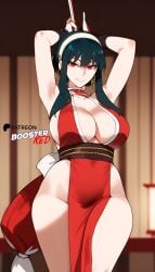 1girls ai_generated ai_hands arms_above_head bare_shoulders bed bedroom big_breasts boosterred99 cosplay earrings female greesgreen_hair hair hairband indoors king_of_fighters large_breasts mai_shiranui mai_shiranui_(cosplay) pony_diffusion_xl red_eyes spy_x_family yor_briar yor_forger