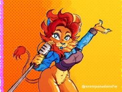 anthro blue_eyes blue_inner_ear blue_nose bottomless bow_tie breasts chromatic_aberration clothed clothing electronics felid female fur genderswap genitals holding_microphone holding_object indigo_park lion lloyd_(indigo_park) looking_at_viewer male_(lore) mammal mane microphone multicolored_body multicolored_fur multicolored_mane open_mouth orange_body pantherine pussy raised_hand rule_63 smile smiling_at_viewer solo sr_empanada thick_thighs