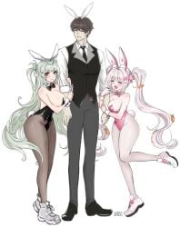 1boy 2girls alice_(nikke) alice_(wonderland_bunny)_(nikke) blush breasts brown_hair bunny_ears bunnysuit cleavage closed_eyes commander_(nikke) female fully_clothed goddess_of_victory:_nikke green_hair grin large_breasts long_hair open_mouth purple_eyes short_hair size_difference soda_(nikke) soda_(twinkling_bunny)_(nikke) sweatdrop thick_thighs twintails upper_teeth white_background white_hair wide_hips