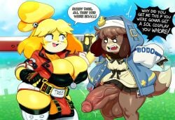 2025 absurd_res ai_generated animal_crossing anthro balls belt big_balls big_breasts big_penis blonde_hair bodily_fluids bottomwear breasts bridget_(guilty_gear)_(cosplay) brown_hair canid canine canis cleavage clothed clothing cosplay curvy_figure dialogue digby_(animal_crossing) domestic_dog duo english_text female fingerless_gloves foreskin fur futanari genitals gloves hair handwear hellsonger hi_res holding_object holding_weapon huge_balls huge_breasts huge_cock humanoid_genitalia humanoid_penis intersex isabelle_(animal_crossing) jacket legwear male mammal melee_weapon nintendo open_mouth outside penis shih_tzu short_stack skirt sky smile speech_bubble sweat sword teeth text thick_thighs thigh_highs topwear toy_dog uncircumcised vein veiny_penis voluptuous weapon wide_hips yellow_body yellow_fur