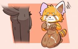 aggressive_retsuko aggretsuko ailurid anthro bodily_fluids cum cum_drip cum_on_face cumshot dripping duo ejaculation embarrassed female genital_fluids haida haida_(aggretsuko) hyena implied_oral male male/female mammal red_panda retsuko sanrio takyuhart