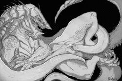 2019 absurd_res alien black_and_white claws female female_only hi_res khanivore love_death_+_robots masturbation monochrome monster monster_girl pussy reskaro scales sex solo tail_masturbation tail_sex teeth