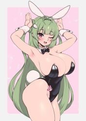 1girls breasts bunny_ears bunny_girl bunnysuit female female_only fully_clothed goddess_of_victory:_nikke green_hair hips huge_breasts light-skinned_female light_skin long_hair revealing_clothes sex_toy shiny_clothes skimpy_clothes soda_(nikke) soda_(twinkling_bunny)_(nikke) thick_thighs thighs tight_clothing vibrator whomperfruit wide_hips