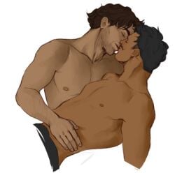 2boys bara beard_stubble biceps black_hair closed_eyes crystalsketch cuddling dark-skinned_male dark_hair dark_skin dorian_pavus dragon_age dragon_age_inquisition duo facial_hair gay gay_male hairy_arms human human_only inquisitor_(dragon_age) kissing light-skinned_male light_skin looking_pleasured lying lying_down mage male male/male male_only messy_hair moustache muscles muscular muscular_male nipples pecs shirtless shirtless_male stubble video_games yaoi