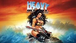 ai_assisted big_breasts bikini_armor breasts edit female gloves gun heavy_metal heavy_metal_2000 heavy_metal_f.a.k.k._2 julie_hm2k long_hair makeup official_art saw solo_female sword thin_waist wallpaper weapon