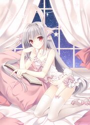 1girls absurdres book highres lingerie pillow red_eyes sakurakouji_luna silver_hair smile suzuhira_hiro tagme tsuki_ni_yorisou_otome_no_sahou white_legwear window