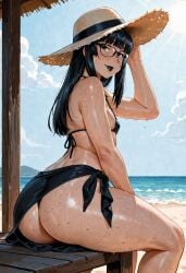 1boy ai_generated androgynous beach big_butt black-framed black_hair closed_eyes crossdressing femboy freckles glasses hime_cut micro_bikini open_mouth sarong smile smiling standing sun_hat thick_thighs wide_hips