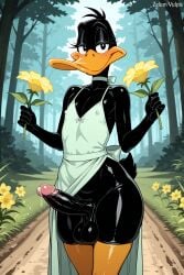 1boy ai_generated balls crossdressing daffy_duck duck erection femboy furry green_dress holding_flower leaking_precum looney_tunes outdoors penis self_upload skin_tight yaoi zelum_vulpis