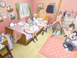 4girls absurdres after_masturbation analog_clock aqua_panties bag bed bedroom blush bow bowtie bra bra_lift breasts brown_hair chest_of_drawers clock closed_eyes commentary_request completely_nude dildo excessive_pussy_juice fingering grey_hair grey_skirt grey_socks group_masturbation head_back highres holding holding_sex_toy indoors legs_apart lemontyoisy_r18 long_hair medium_breasts medium_hair multiple_girls navel nipples no_shoes nude on_bed on_floor open_clothes open_shirt original panties parted_lips petite pink_bra pink_panties pussy_juice red_bow red_bowtie rug school_bag school_uniform sex_toy shirt short_hair sidelocks sitting skirt small_breasts socks sound_effects speech_bubble spread_legs standing steam steaming_body stomach stuffed_animal stuffed_toy table thought_bubble towel translation_request underwear unworn_bowtie unworn_bra unworn_panties unworn_shirt unworn_skirt wet wet_clothes wet_panties wet_spot white_shirt window yellow_bra yellow_panties