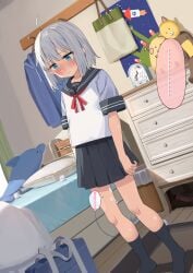 ... absurdres ahoge analog_clock aqua_eyes arms_at_sides bag bed bedroom black_sailor_collar black_shoes black_skirt blush chest_of_drawers clock closed_mouth commentary_request dutch_angle female grey_hair grey_shirt highres indoors lemontyoisy_r18 medium_hair miniskirt neck_ribbon no_shoes nose_blush original pleated_skirt poster_(object) pussy_juice pussy_juice_trail red_ribbon ribbon rug sailor_collar school_bag school_uniform shirt shoes short_sleeves skirt solo sound_effects speech_bubble spoken_ellipsis standing stuffed_animal stuffed_toy thought_bubble translation_request wavy_mouth wooden_floor