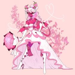 breasts curvy curvy_female curvy_figure demon demon_girl demon_horns demon_tail demon_wings female female_focus female_only flowers helluva_boss high_heels light_pink_hair non-human pink_body pink_hair pink_skin small_breasts solo solo_female solo_focus succubus succubus_horns succubus_tail succubus_wings tail verosika_mayday_(helluva_boss) vivienne_medrano vivziepop wedding_dress whiteartblood wings wink winking winking_at_viewer