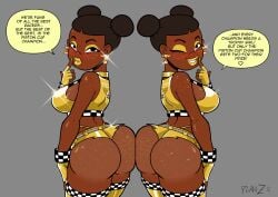 afro_puffs ass big_ass big_breasts big_butt booty_shorts bottom_heavy breasts brown_hair bubble_ass bubble_butt cars_(film) choker crop_top dark-skinned_female dark_skin dialogue dialogue_bubble disney ear_piercings earrings english_text fat_ass fat_butt female females females_only fingerless_gloves gold_dust hair_buns huge_breasts human human_version large_ass large_breasts large_butt lipstick looking_at_viewer looking_back mia_(cars) pixar planz34 shorts speech_bubble speech_bubbles thick_thighs thong tia_(cars) top_heavy twins wide_hips