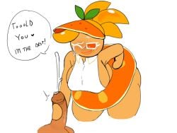 breasts clothed clothing cookie_run cookie_run_kingdom cookie_run_ovenbreak cum cum_on_face devsisters dialogue dress ejaculation excited female grabbing_penis handjob magpiered male orange_cookie penis sideboob text unseen_male_face