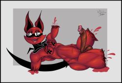 4_missing_limbs amputee anthro balls black_border blood bodily_fluids border cum disability felid feline felis fur genital_fluids genital_raphe genitals gore gore_focus happpy male mammal pasties penis quadruple_amputee raphe_(anatomy) red_body red_fur scrotal_raphe simple_background solo tail vein veiny_penis wilelter