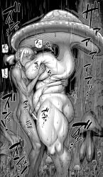 1boy 1girls bare_shoulders barefoot big_breasts bimbo black_and_white blush breast_sucking breasts busty censored curvy dark-skinned_male dark_elf detailed_background double_deck elf erection eyelashes female female_monster front_view fungi_humanoid humanoid hyper male monster monster_girl mushroom_humanoid naked nude open_mouth outdoors outside plant_girl pointy_ears pussy sex shaved_pussy short_hair sound_effects standing sweat thick_thighs tied_hair tree voluptuous