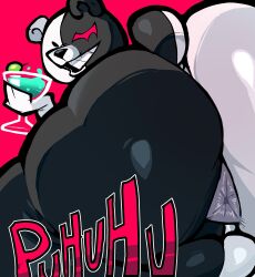 1boy anus ass backsack balls ballsack bear big_ass big_butt bubble_butt danganronpa drink fat_ass fat_butt furry furry_male furry_only genitals grin laugh lauthing lauthing_at_viewer looking_at_viewer looking_back looking_over_shoulder low_angle_view male monokuma no_sex nonhuman presenting_hindquarters robot short_tail shortstack small_tail smile solo solo_male spike_chunsoft tail text unknown_artist ursid ursine