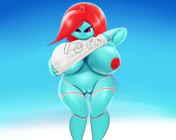 2018 3v4 android ass big_breasts blue_skin breasts clothing dibujosv12 female hair hi_res huge_breasts long_hair machine nipples purple_eyes pussy red_hair red_nipples robot shirt solo thick_thighs topwear white_clothing white_shirt white_topwear wide_hips