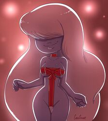 big_hips blue_skin busty covering_breasts covering_eyes covering_pussy cubedcoconut curvy female female_only gift_wrapped hair_covering_eye long_hair looking_at_viewer necklace red_necklace red_ribbon ribbon sapphire_(steven_universe) smiling steven_universe thick_lips white_hair