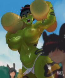 ayame_(ishton) breasts dungeons_and_dragons female green_skin huge_breasts ishton muscle_mommy muscles nipples panties tagme topless topless_female yuan-ti