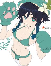 bikini blush breasts breath dizzyarts female femboy femboy_on_female femboy_only genshin_impact green_eyes green_hair heart-shaped_pupils heavy_breathing male motion_lines paw_gloves paws penis small_breasts small_penis smaller_male sweat sweating teasing venti_(genshin_impact) white_background