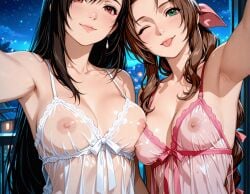 2girls aerith_gainsborough ai_generated apartment balcony big_breasts black_hair blush braid braided_ponytail breasts breasts_to_breasts brown_hair cleavage final_fantasy final_fantasy_vii final_fantasy_vii_remake green_eyes long_braid long_hair medium_breasts negligee night nipples perky_nipples red_eyes see-through see-through_clothing selfie showing_off sleepover taking_picture taking_selfie tifa_lockhart tongue tongue_out underwear wink yuri