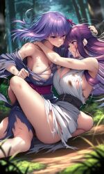 2girls ai_generated breasts catfight crossover fate_(series) fern_(sousou_no_frieren) fight fighting frieren_beyond_journey's_end huge_breasts long_hair looking_at_another matou_sakura purple_hair ripped_clothing sousou_no_frieren tagme thick_thighs