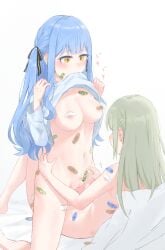 2girls applying_bandaid bandaid bandaid_on_back bandaid_on_face bandaid_on_leg bandaid_on_neck bandaid_on_shoulder bandaid_on_stomach bandaids_on_nipples bang_dream! bang_dream!_it's_mygo!!!!! black_ribbon blue_hair bottomless breasts chikochiko_(user_dhhc4744) chinese_commentary clothes_in_mouth clothes_lift commentary_request completely_nude covered_nipples cushion female female/female female_only green_hair hair_ribbon highres kneeling long_hair mouth_hold multiple_girls nude nude_female pasties pussy reclining ribbon shaved_pussy shirt_in_mouth shirt_lift simple_background spread_legs straddling togawa_sakiko two_side_up wakaba_mutsumi white_background yellow_eyes yuri
