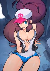 1girls alternate_breast_size baseball_cap big_hair blue_eyes breasts brown_hair busty cleavage clothed female female_only hat hilda_(pokemon) hotpants huge_breasts human large_ass large_breasts long_hair looking_at_viewer nac000 nintendo open_mouth pokemon pokemon_bw ponytail pose shirt shorts sitting solo solo_female thick_thighs thigh_gap thin_waist very_long_hair white_tank_top wide_hips