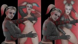 3d_(artwork) 3drendernoob blender_cycles bottomless breasts butt_plug colored_hair dc_comics female harley_quinn jacket_only jacket_open large_breasts legs_spread twintails