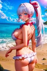 1girls ai_generated alluring asian_female attractive babe backboob backside beach beautiful_females big_breasts blue_eyes_female breasts busty_female cloudscape fantasy female genshin_impact hair_ribbon kamisato_ayaka looking_back_at_viewer lovely netherrealm_studios ponytail red_ribbon rocks rpg samurai sand sexy smiling solo_focus stable_diffusion summer sunshine toongenai vacation video_game_character video_game_franchise video_games waves white_hair