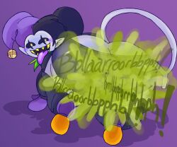 1boy 2d ass bells bending_over big_ass big_butt bubble_butt bulge butt_focus clothes clothing darkner deltarune fart fart_cloud fart_fetish farting farting_at_viewer fat_ass fat_butt femboy fully_clothed girly gloves green_fart green_fart_cloud hat headwear imp jester jester_hat jevil_(deltarune) kirbyoblue1 legwear looking_at_viewer looking_back looking_back_at_viewer male male_fart male_focus male_only mischievous_smile no_genitals no_sex nonhuman onomatopoeia open_mouth pants pants_around_ankles pants_down presenting_hindquarters purple_background purple_body simple_background smile smiling smiling_at_viewer solo solo_male tail teeth tongue tongue_out underwear yellow_teeth